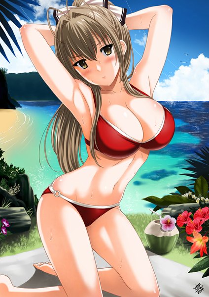 Anime picture 706x1000 with amagi brilliant park kyoto animation sento isuzu xtermination single long hair tall image blush fringe breasts open mouth light erotic brown hair large breasts brown eyes signed looking away sky cloud (clouds) ahoge