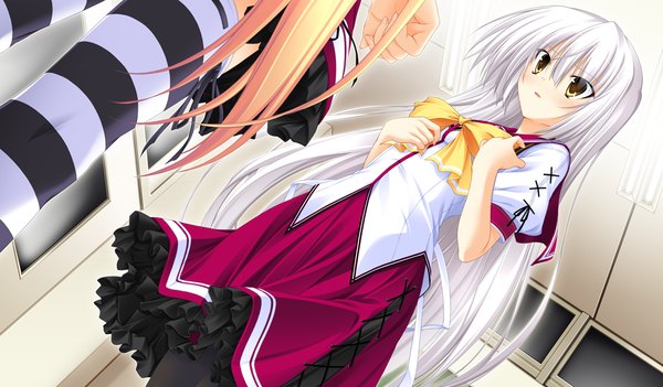 Anime picture 1024x600 with sora to kumo to kimi no koi long hair blush wide image yellow eyes game cg white hair girl thighhighs skirt uniform school uniform miniskirt striped thighhighs