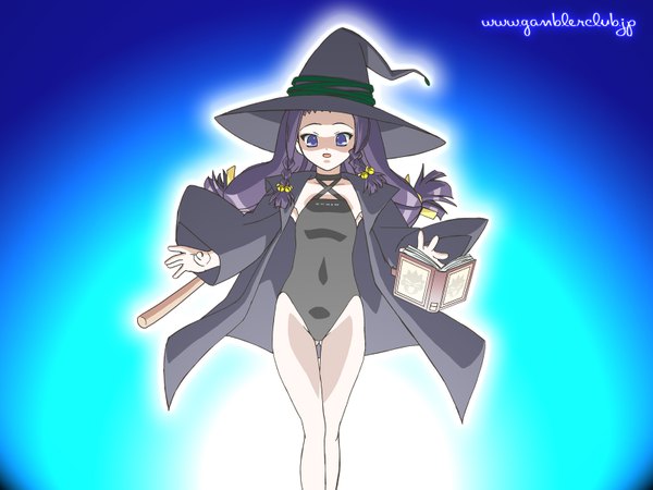 Anime picture 1600x1200 with mahou sensei negima! ayase yue gambler club kousaka jun single long hair looking at viewer open mouth purple eyes purple hair blue background glow witch hair bell girl swimsuit hat book (books) cape bell