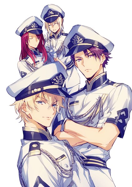 Anime picture 566x800 with fate (series) fate/grand order fate/extra gawain (fate) bedivere (fate) lancelot (fate/grand order) tristan (fate) xia (ryugo) long hair tall image looking at viewer fringe short hair blue eyes blonde hair simple background smile hair between eyes standing white background