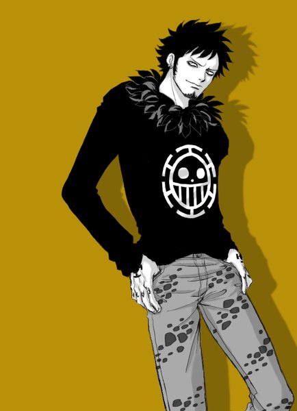 Anime picture 613x846 with one piece toei animation trafalgar law oregano551 single tall image short hair simple background standing looking away bent knee (knees) long sleeves light smile shadow tattoo fur trim piercing monochrome ear piercing yellow background