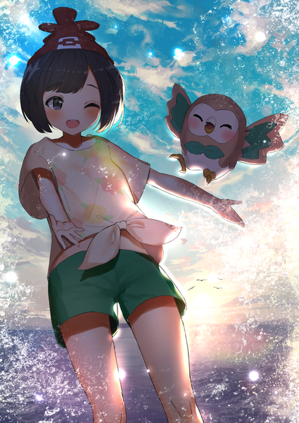 Anime picture 752x1062 with pokemon pokemon sm nintendo selene (pokemon) rowlet akamizuki (akmzk) single tall image blush short hair open mouth black hair sky cloud (clouds) one eye closed black eyes spread arms front-tie top gen 7 pokemon girl