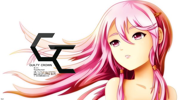 Anime picture 1920x1080 with guilty crown production i.g yuzuriha inori exiled (artist) single long hair highres simple background wide image white background pink hair pink eyes inscription lipstick girl hair ornament hairclip