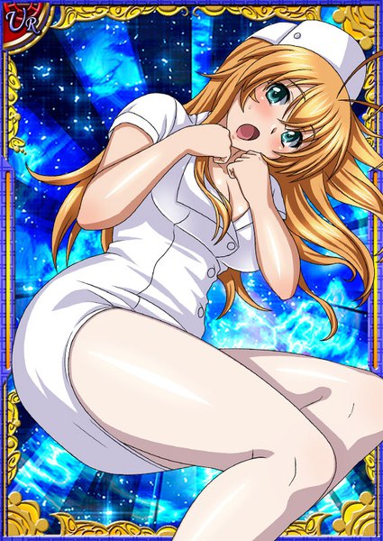 Anime picture 567x800 with ikkitousen sonsaku hakufu single long hair tall image looking at viewer blush fringe breasts open mouth light erotic blonde hair hair between eyes large breasts payot ahoge bent knee (knees) aqua eyes sparkle card (medium)