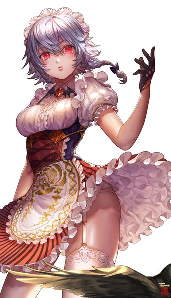 Anime picture 700x1220 with touhou izayoi sakuya bbbox (hotpppink) single tall image looking at viewer fringe short hair breasts light erotic simple background red eyes standing white background silver hair braid (braids) short sleeves maid puffy sleeves twin braids