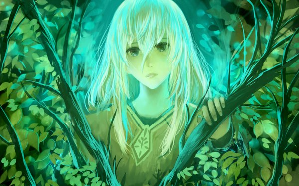 Anime picture 1440x900 with original bounin single looking at viewer short hair wide image white hair black eyes night glowing girl plant (plants) tree (trees) branch