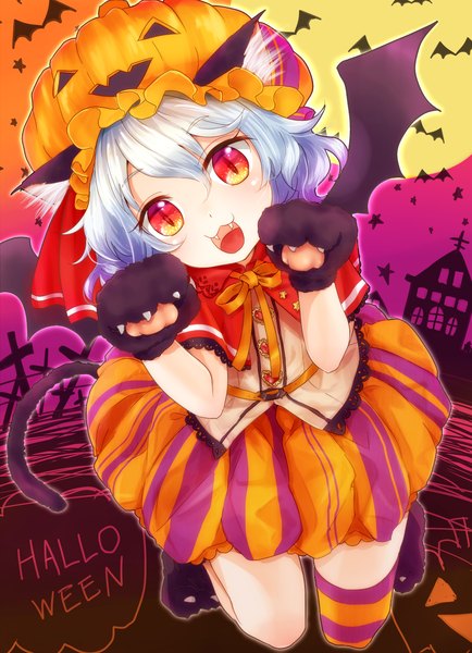 Anime picture 1200x1656 with touhou remilia scarlet shironeko yuuki single tall image looking at viewer blush short hair open mouth red eyes animal ears purple hair tail animal tail cat ears teeth cat tail fang (fangs) halloween flying