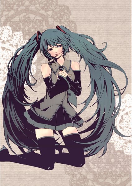 Anime picture 1253x1770 with vocaloid hatsune miku rino (jeffpko) single long hair tall image twintails aqua eyes aqua hair kneeling girl thighhighs black thighhighs detached sleeves necktie
