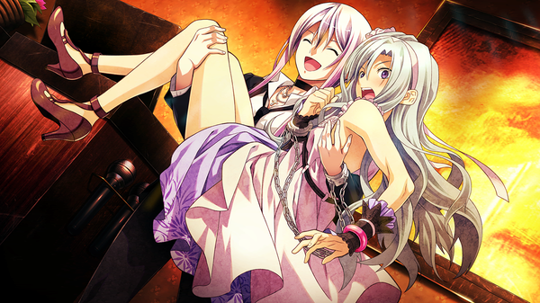 Anime picture 1280x720 with disorder 6 joe (disorder 6) shiina (disorder 6) long hair blush open mouth wide image purple eyes pink hair game cg silver hair eyes closed otoko no ko girl dress boy chain handcuffs