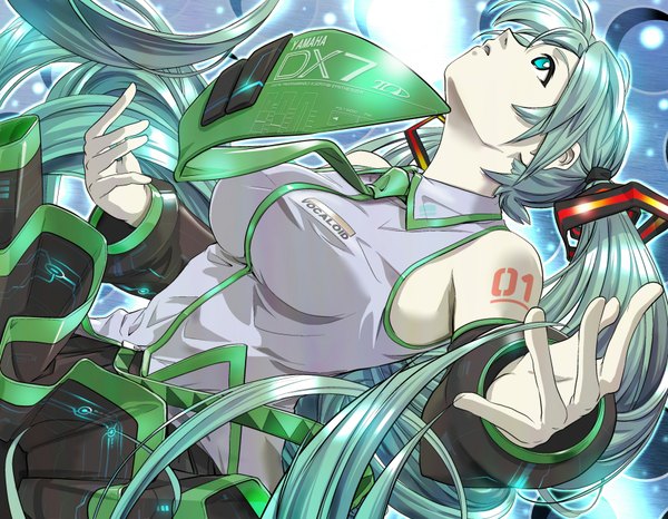Anime picture 1800x1400 with vocaloid hatsune miku kumada sanshi long hair highres green eyes green hair looking up girl detached sleeves necktie