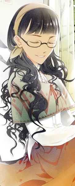 Anime picture 839x2068 with original yuki. (artist) single long hair tall image fringe black hair smile sitting upper body eyes closed long sleeves parted lips wavy hair girl skirt glasses hairband curtains blouse