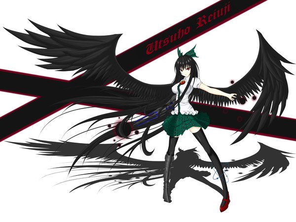 Anime picture 4000x3000 with touhou reiuji utsuho gmot long hair highres black hair red eyes absurdres shadow arm cannon girl thighhighs skirt bow black thighhighs hair bow miniskirt wings green skirt