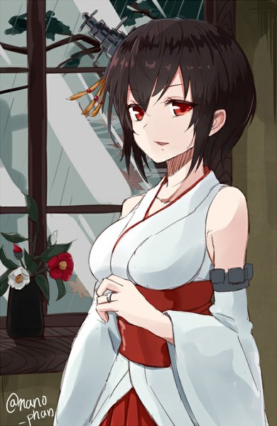 Anime picture 586x900 with kantai collection yamashiro battleship takehana note single tall image looking at viewer fringe short hair black hair red eyes bare shoulders signed traditional clothes japanese clothes girl hair ornament flower (flowers) detached sleeves window ring