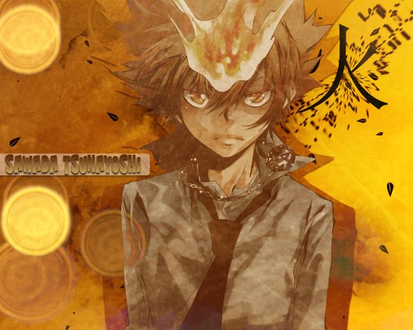 Anime picture 1280x1024 with katekyou hitman reborn sawada tsunayoshi orange eyes orange background necktie chain ring