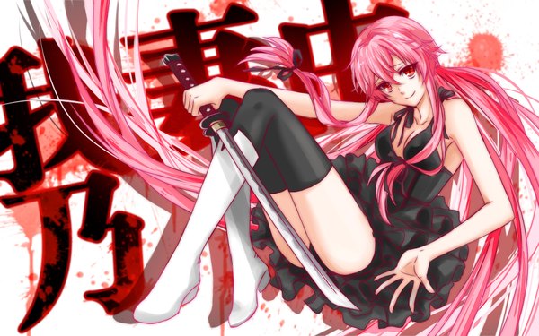 Anime picture 1920x1200 with mirai nikki gasai yuno long hair highres smile red eyes wide image pink hair girl thighhighs dress weapon black thighhighs sword boots katana blood