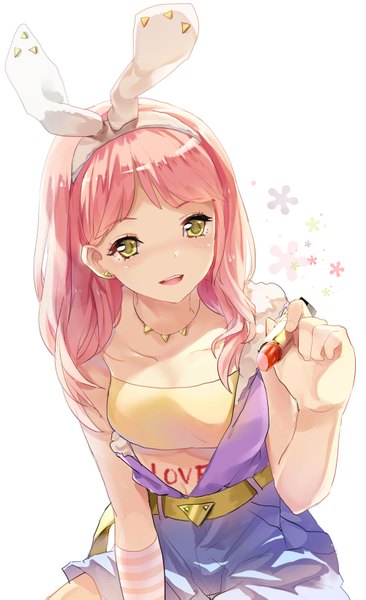 Anime picture 1000x1637 with original yukizakura (neon-neon) single long hair tall image looking at viewer blush simple background white background animal ears yellow eyes pink hair bunny ears fake animal ears girl ribbon (ribbons) hair ribbon lipstick tube