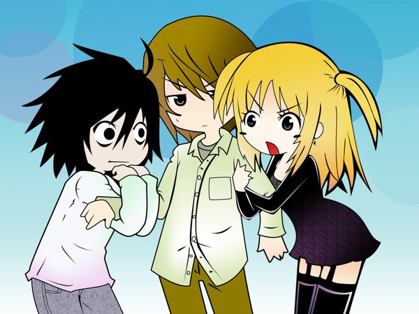 Anime picture 1600x1200 with death note madhouse yagami light l (death note) amane misa chibi