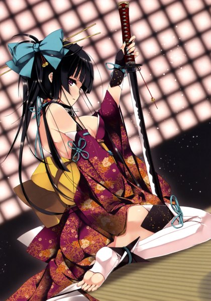 Anime picture 1807x2582 with original refeia single long hair tall image fringe highres breasts light erotic black hair large breasts sitting purple eyes bare shoulders holding nail polish traditional clothes japanese clothes barefoot fingernails