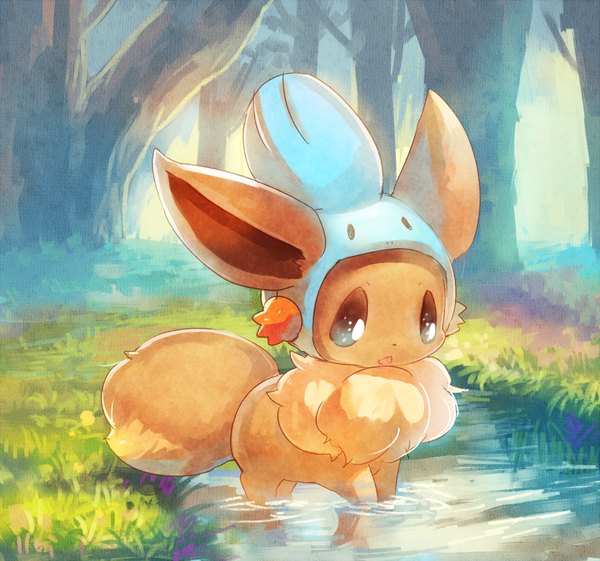 Anime picture 1000x935 with pokemon nintendo eevee mudkip hidamarinomi open mouth blue eyes standing reflection cosplay gen 1 pokemon gen 3 pokemon mudkip (cosplay) flower (flowers) plant (plants) tree (trees) water grass forest