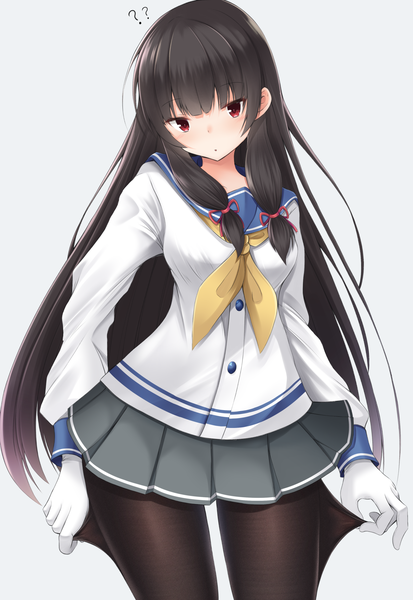 Anime picture 1270x1845 with kantai collection isokaze destroyer doyachii single long hair tall image looking at viewer blush fringe black hair simple background red eyes standing blunt bangs long sleeves pleated skirt grey background tress ribbon pantyhose pull ?