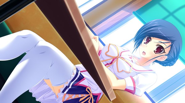 Anime picture 1280x720 with ama ane blush short hair open mouth red eyes wide image blue hair game cg girl thighhighs uniform school uniform white thighhighs serafuku