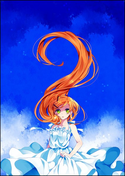 Anime picture 1240x1754 with original agirinpa single long hair tall image looking at viewer bare shoulders green eyes orange hair girl dress
