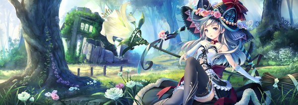 Anime picture 1800x638 with original soraizumi single long hair looking at viewer open mouth blue eyes wide image sitting bare shoulders silver hair bent knee (knees) :o zettai ryouiki hand on chest landscape fantasy bell collar witch ruins