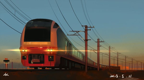 Anime picture 1062x597 with original shuizhanglang wide image sky outdoors evening no people wire (wires) power lines train railways