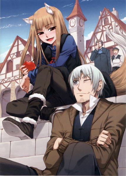 Anime picture 1987x2787 with spice and wolf horo craft lawrence koume keito long hair tall image blush highres short hair open mouth smile red eyes brown hair sitting purple eyes animal ears sky white hair animal tail one eye closed