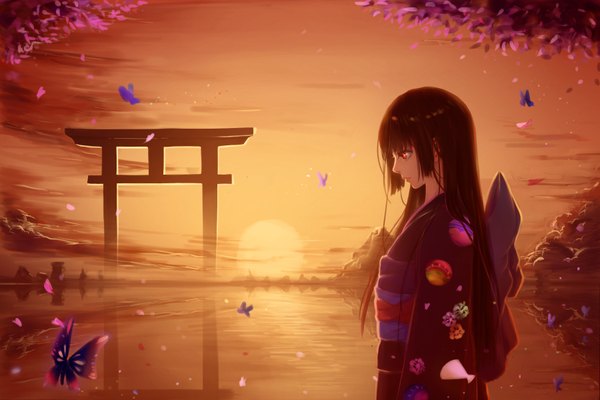 Anime picture 1800x1200 with hell girl studio deen enma ai huhv. single long hair fringe highres black hair red eyes looking away sky cloud (clouds) upper body traditional clothes japanese clothes profile sunlight cherry blossoms evening