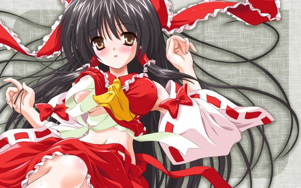 Anime picture 1920x1200 with touhou hakurei reimu looking at viewer blush highres black hair wide image yellow eyes lying very long hair traditional clothes midriff miko frilly skirt girl skirt ribbon (ribbons) hair ribbon detached sleeves bandage (bandages)