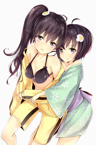 Anime picture 663x1000 with nisemonogatari shaft (studio) monogatari (series) araragi karen araragi tsukihi kojiki-life long hair tall image looking at viewer blush short hair open mouth light erotic black hair simple background white background multiple girls ahoge ponytail traditional clothes