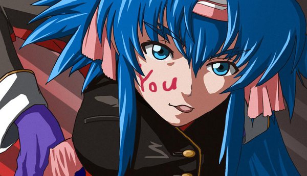 Anime picture 982x566 with macross macross frontier klan klang ko-ran (artist) single long hair looking at viewer fringe breasts blue eyes hair between eyes wide image large breasts payot blue hair leaning leaning forward text facial mark english