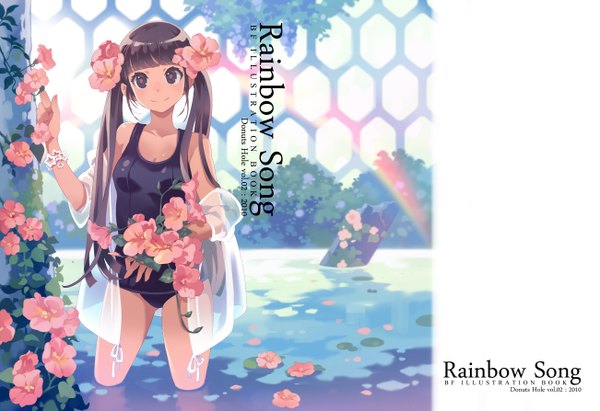 Anime picture 1302x894 with original bf. (sogogiching) long hair looking at viewer fringe smile brown hair twintails brown eyes hair flower cover girl hair ornament flower (flowers) swimsuit petals water bracelet one-piece swimsuit bouquet