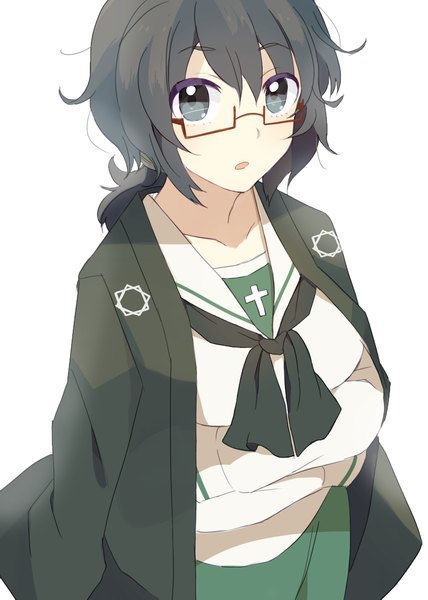 Anime picture 1600x2240 with girls und panzer oryou (girls und panzer) linaria (ookinahitomi) single tall image blush short hair open mouth black hair white background black eyes girl uniform school uniform glasses