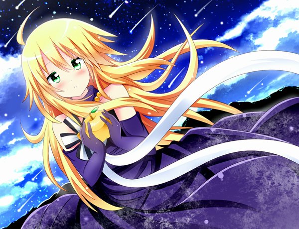 Anime picture 1100x845 with idolmaster hoshii miki shineka single long hair looking at viewer blush blonde hair bare shoulders green eyes cloud (clouds) dress gloves elbow gloves apple