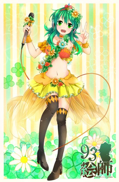 Anime picture 800x1217 with vocaloid gumi kanna (chaos966) single tall image looking at viewer blush short hair open mouth green eyes full body green hair border victory rhombus girl navel flower (flowers) headphones thigh boots