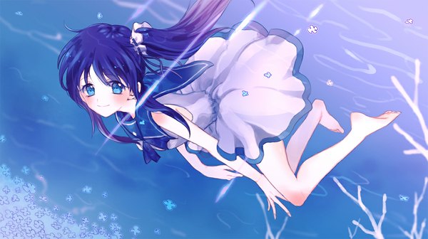 Anime picture 1100x617 with nagi no asukara p.a. works hiradaira chisaki ahma single long hair looking at viewer blush blue eyes smile wide image blue hair full body barefoot side ponytail underwater girl uniform flower (flowers) serafuku