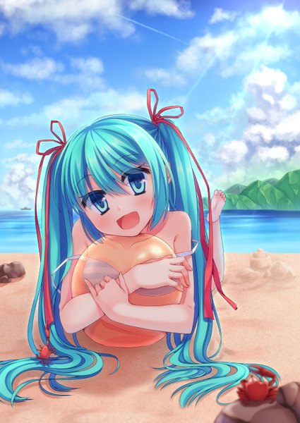 Anime picture 1000x1412 with vocaloid hatsune miku nukoko (akumagansyakudairi) single tall image open mouth light erotic twintails sky cloud (clouds) very long hair aqua eyes aqua hair beach girl ribbon (ribbons) swimsuit hair ribbon bikini