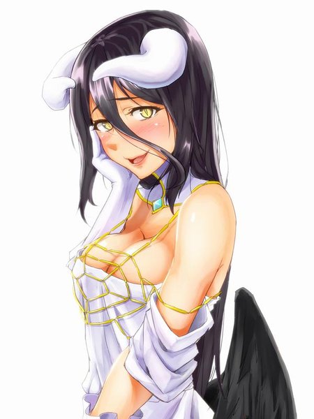 Anime picture 600x800 with overlord (maruyama) madhouse albedo (overlord) magekichi single long hair tall image looking at viewer blush fringe breasts open mouth light erotic black hair simple background hair between eyes large breasts white background yellow eyes cleavage