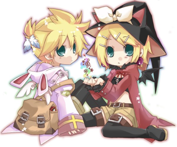 Anime picture 1200x1000 with vocaloid kagamine rin kagamine len hekicha short hair blonde hair white background sitting looking back aqua eyes halloween chibi angel wings bat wings twins treble clef girl boy hair ornament bow