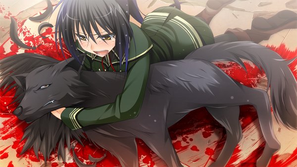 Anime picture 1280x720 with master re:master (game) long hair blush open mouth black hair wide image yellow eyes game cg tears girl uniform school uniform blood dog