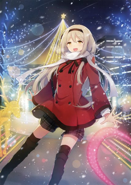 Anime picture 2494x3500 with original hiiragi souren single long hair tall image looking at viewer blush fringe highres open mouth blonde hair hair between eyes brown eyes outdoors :d scan night happy snowing christmas
