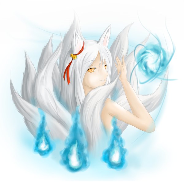 Anime picture 2000x2000 with league of legends ahri (league of legends) single long hair highres blonde hair simple background animal ears animal tail orange eyes fox ears multiple tails ghost girl bell flame