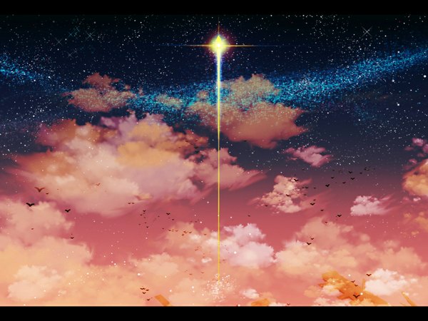 Anime picture 1024x768 with original yagami kentou sky cloud (clouds) wallpaper flying no people landscape animal bird (birds) star (stars)