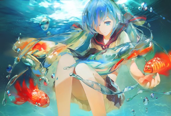 Anime picture 3508x2380 with vocaloid hatsune miku bottle miku cg~~lolita single highres twintails absurdres very long hair aqua eyes aqua hair underwater liquid hair girl skirt ribbon (ribbons) hair ribbon miniskirt serafuku fish (fishes)