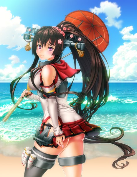 Anime picture 993x1280 with kantai collection yamato super battleship enshinryoku (ticktack) single long hair tall image blush light erotic smile brown hair purple eyes sky cloud (clouds) ponytail girl skirt hair ornament detached sleeves miniskirt sea