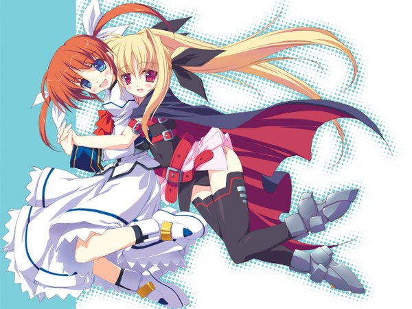 Anime picture 1280x960 with mahou shoujo lyrical nanoha fate testarossa takamachi nanoha long hair looking at viewer blush open mouth blue eyes blonde hair smile red eyes twintails multiple girls full body bent knee (knees) :d floating hair girl thighhighs black thighhighs