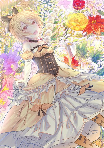 Anime picture 645x911 with re:zero kara hajimeru isekai seikatsu white fox felt (re:zero) hakuishi aoi single tall image blush fringe short hair open mouth blonde hair hair between eyes red eyes standing bare shoulders looking away underbust floral background girl dress