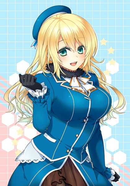 Anime picture 700x1000 with kantai collection atago heavy cruiser kuronohana single long hair tall image looking at viewer blush open mouth blue eyes blonde hair girl dress gloves beret